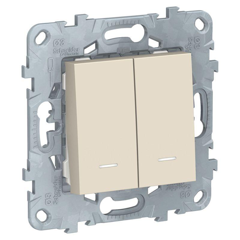 Выключатель двухклавишный Schneider Electric 2мод. Unica New IP21 (2х(сх. 1а)) с подсветкой беж.  NU521144N